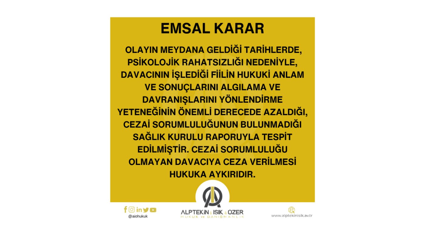 PSİKOLOJİK RAHATSIZLIĞI NEDENİYLE CEZA SORUMLULUĞU OLMAYAN MEMURA CEZA VERİLEMEYECEĞİNE İLİŞKİN EMSAL KARAR